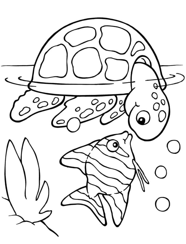 Adorable Turtle and Fish Coloring Page Template