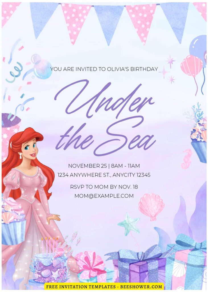 (Free Editable PDF) The Little Mermaid Baby Shower Invitation Templates F