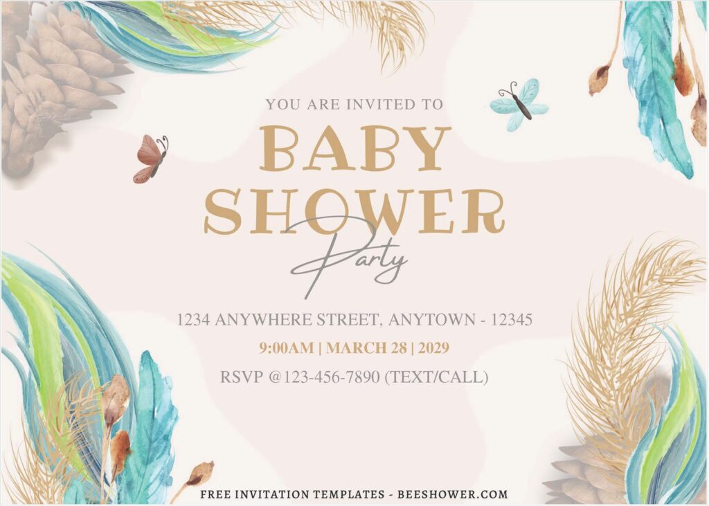 (Free Editable PDF) Boho Greenery & Feather Baby Shower Invitation Templates A