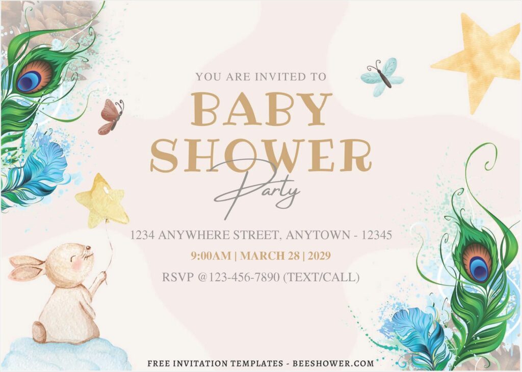 (Free Editable PDF) Boho Greenery & Feather Baby Shower Invitation Templates B