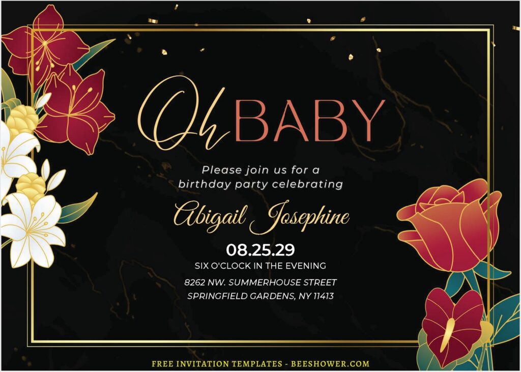 (Free Editable PDF) Gold-Lining Floral & Greenery Baby Shower Invitation Templates D