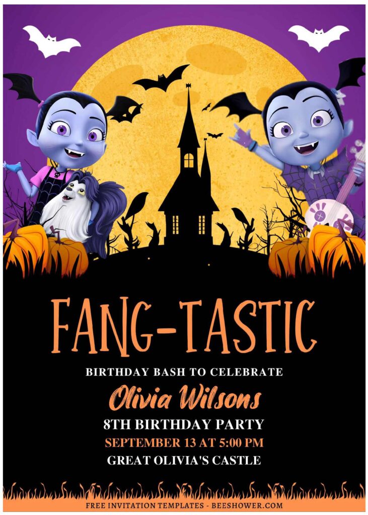 (Free Editable PDF) Cute And Spooky Disney Vampirina Baby Shower Invitation Templates F