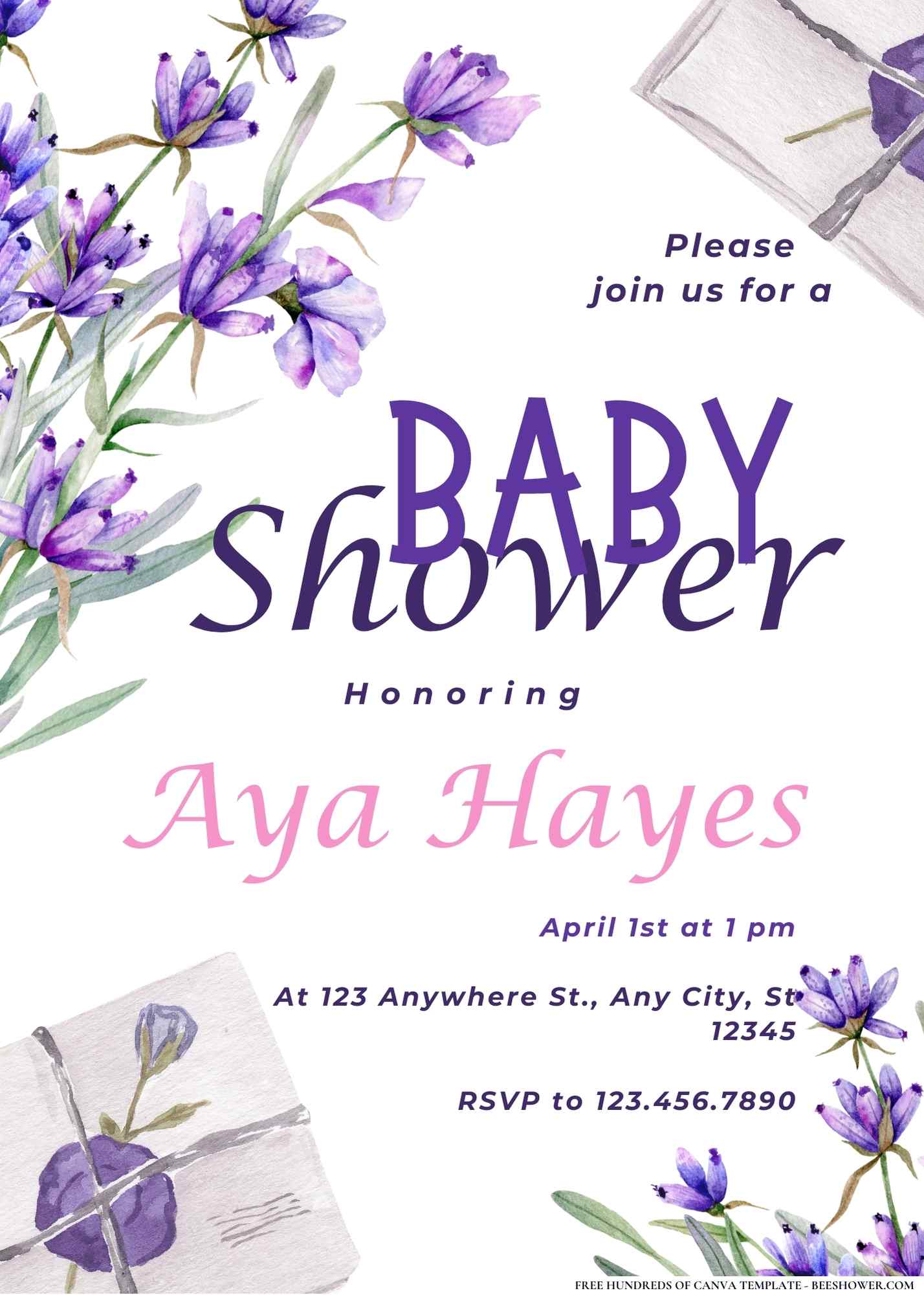 Lavender Love Letters Baby Shower Invitation