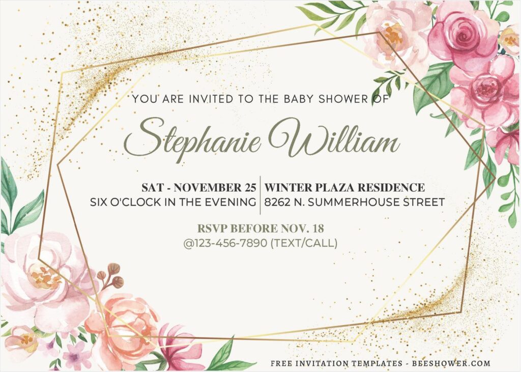 (Free Editable PDF) Glitter Gold Geometric Floral Wedding Invitation Templates A