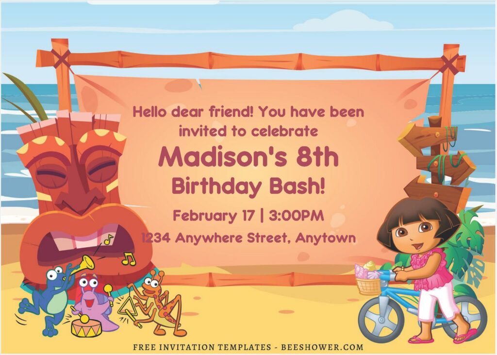 (Free Editable PDF) Dora The Explorer Hawaiian Adventure Baby Shower Invitation A