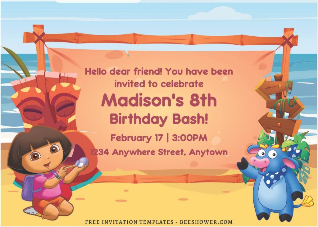 (Free Editable PDF) Dora The Explorer Hawaiian Adventure Baby Shower Invitation B