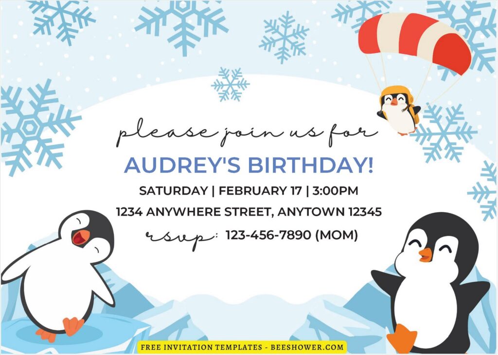 (Free Editable PDF) Cheerful Penguin Winter Baby Shower Invitation Templates A