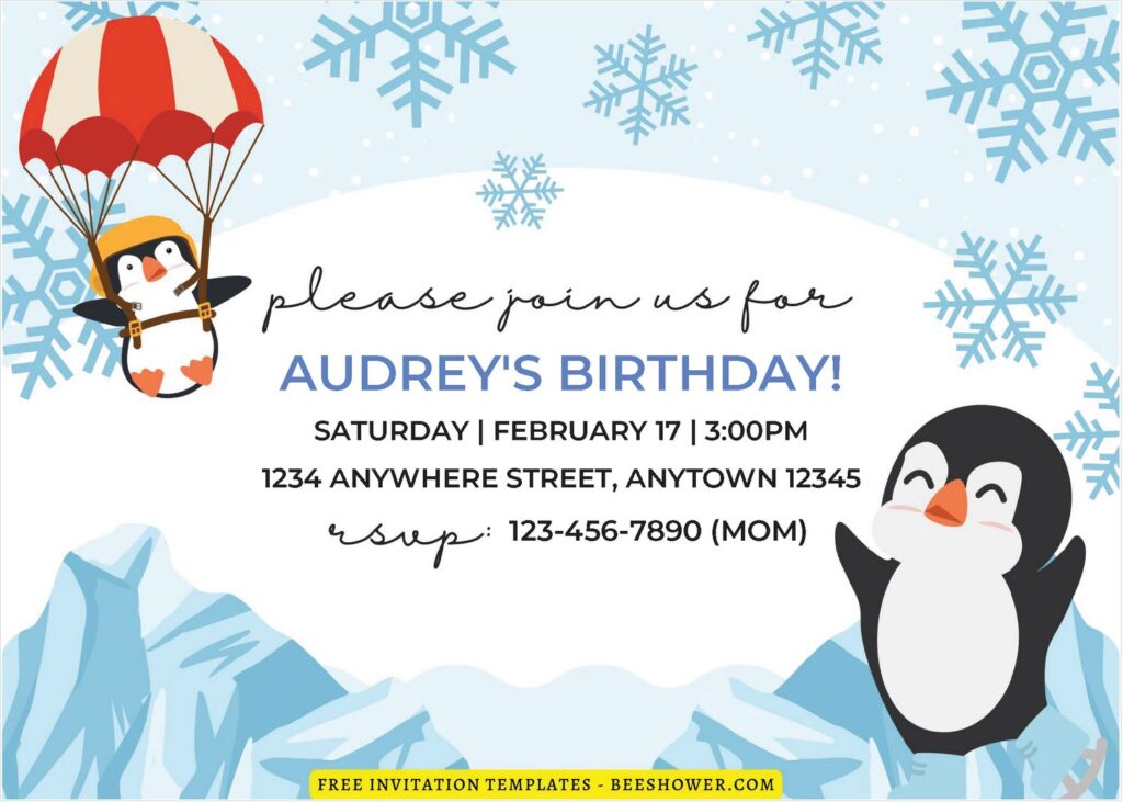 (Free Editable PDF) Cheerful Penguin Winter Baby Shower Invitation Templates B