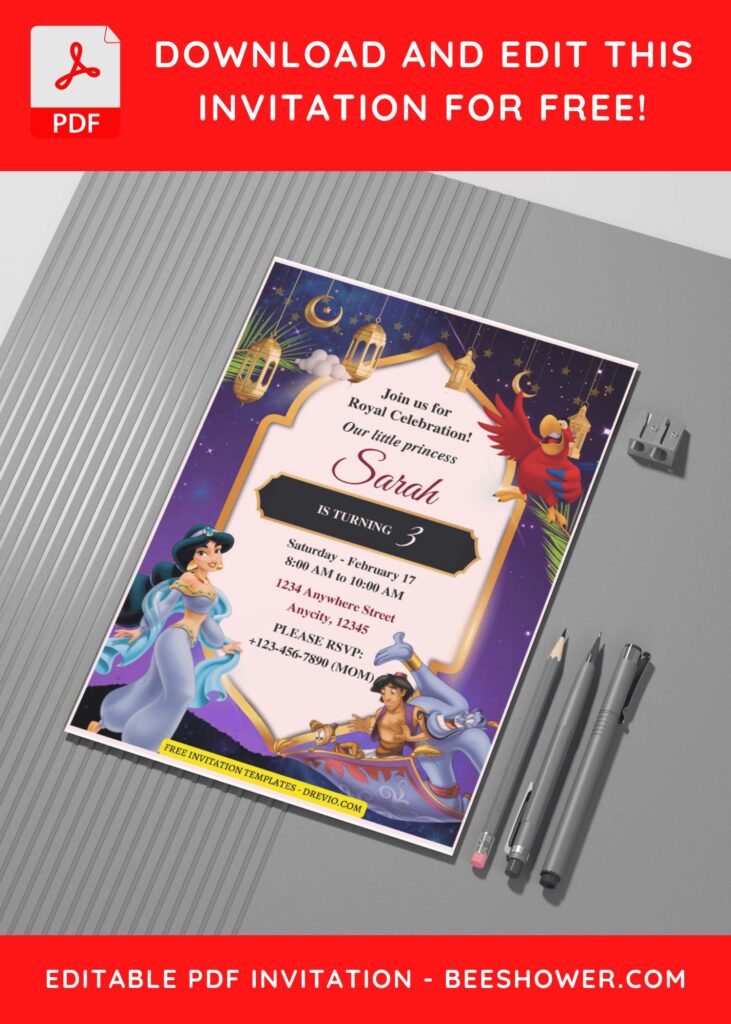 (Free Editable PDF) Arabian Night Aladdin Baby Shower Invitation Templates G