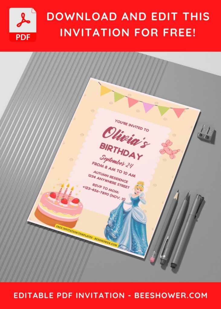 (Free Editable PDF) Simply Cute Cinderella Baby Shower Invitation Templates G