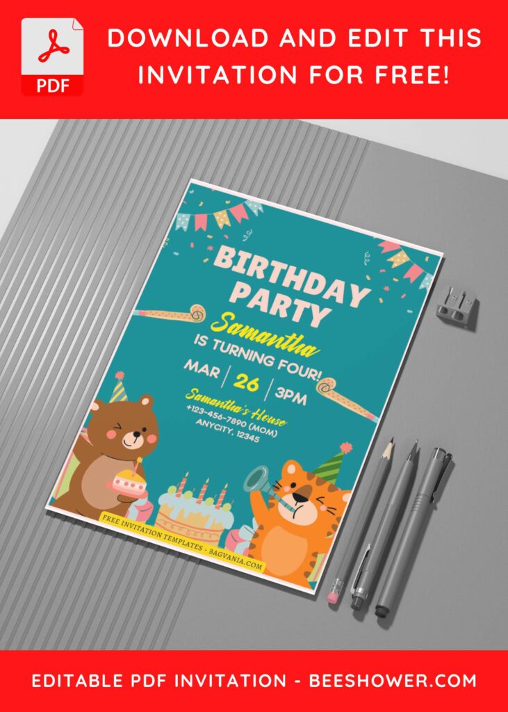 (Free Editable PDF) Joyful Party Animals Baby Shower Invitation Templates G