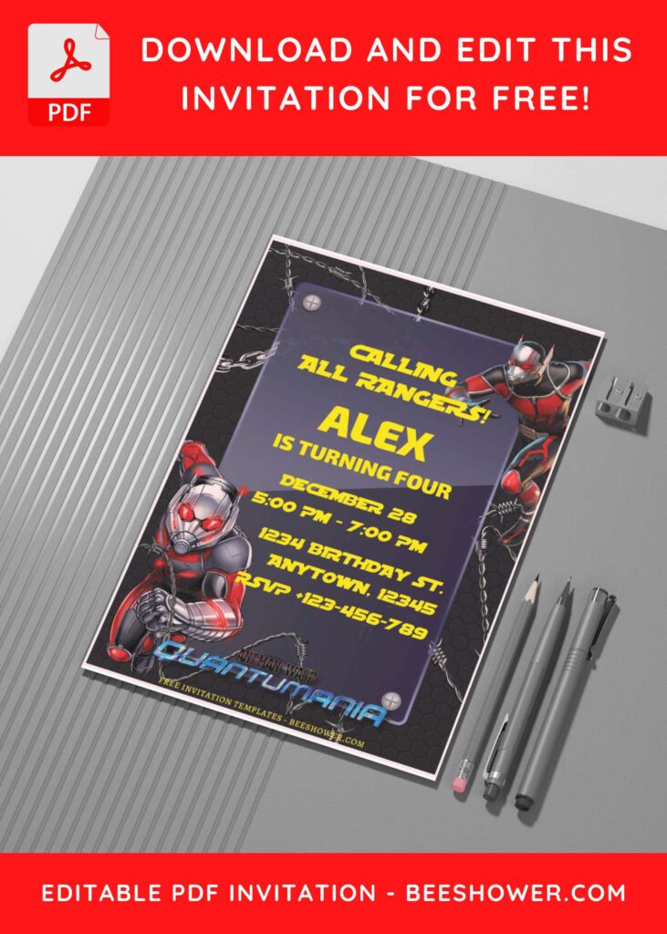 (Free Editable PDF) Ant-Man Quantumania Baby Shower Invitation Templates C