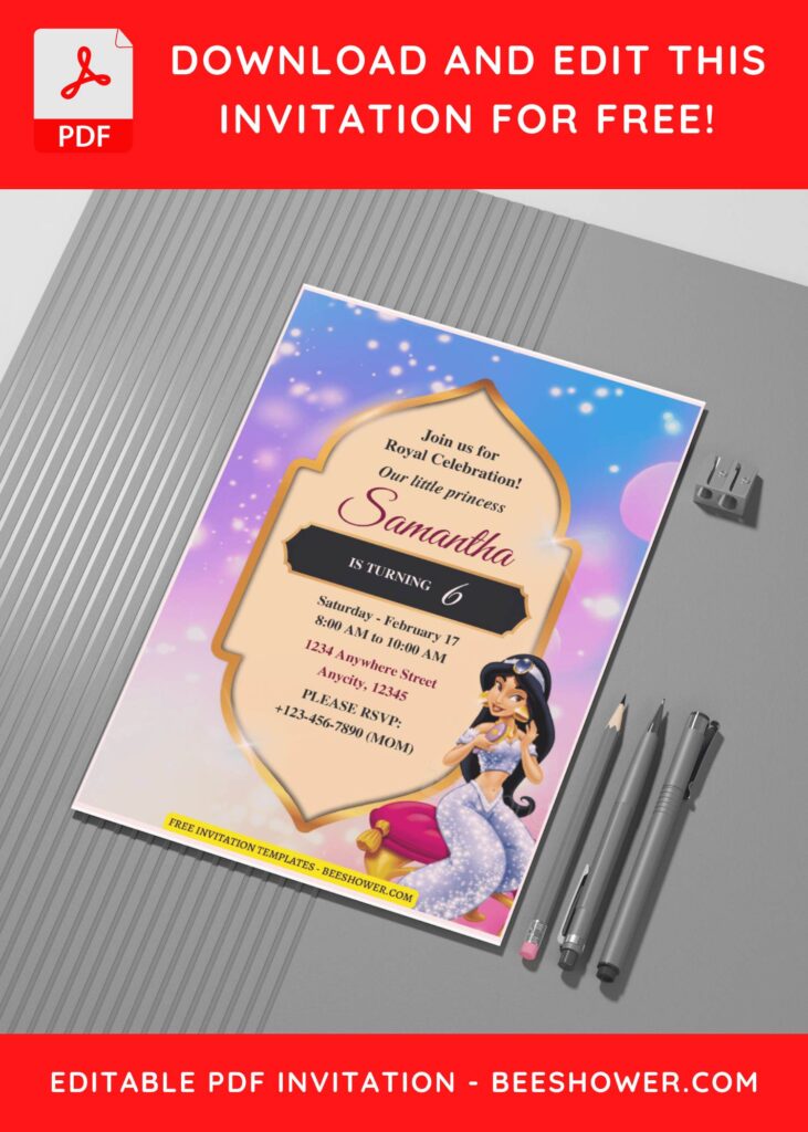 (Free Editable PDF) Shimmering Princess Jasmine Baby Shower Invitation Templates C