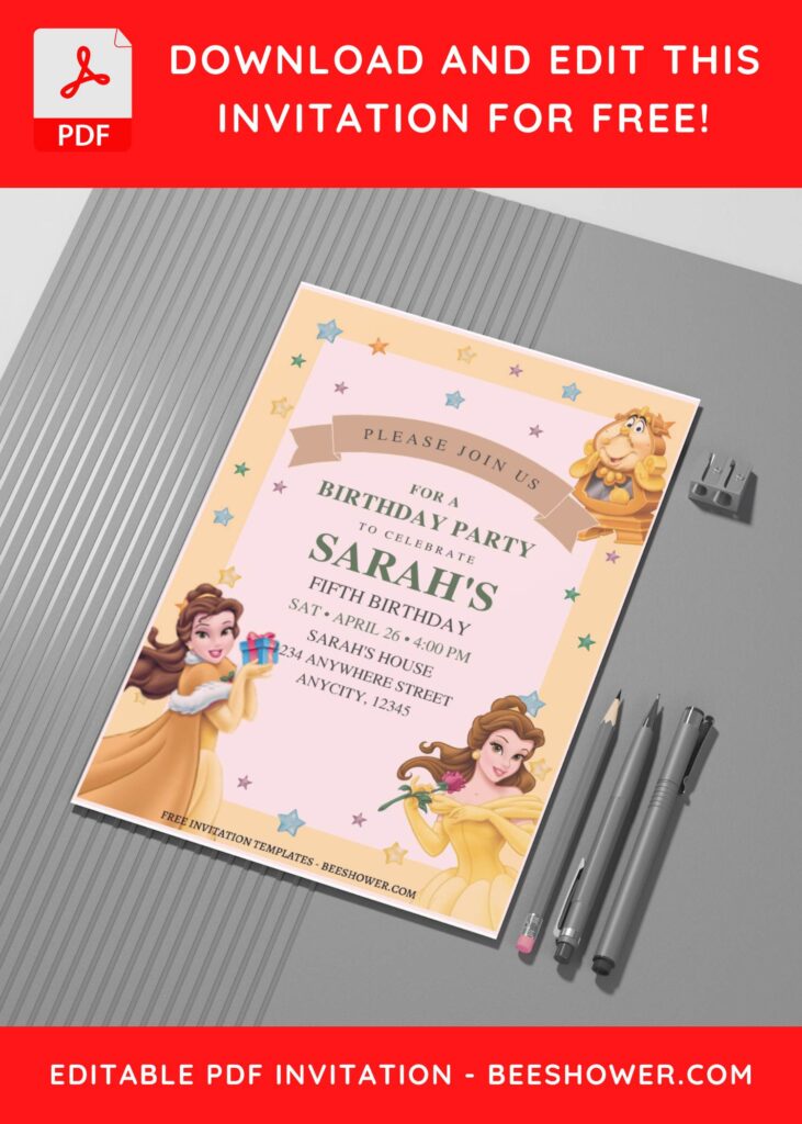 (Free Editable PDF) Enchanted Belle Beauty & The Beast Baby Shower Invitation Templates C