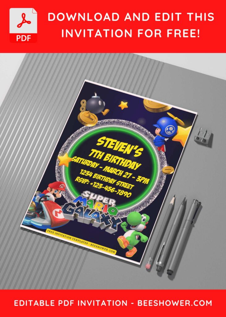 (Free Editable PDF) Super Mario Galaxy World Baby Shower Invitation Templates G