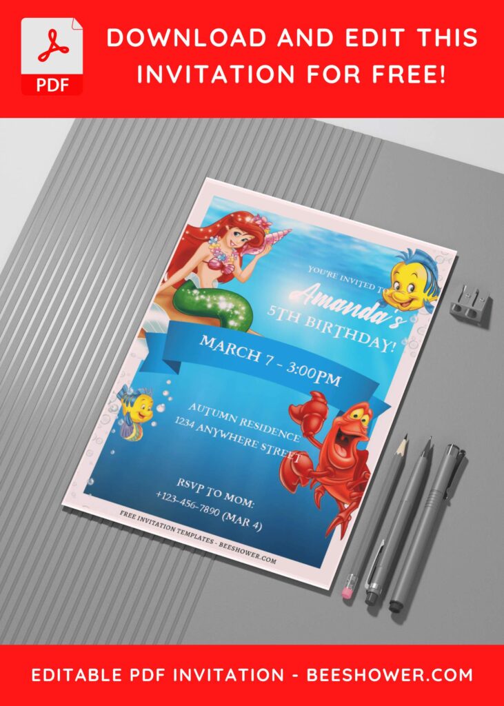 (Free Editable PDF) Little Mermaid Celebration Baby Shower Invitation Templates C