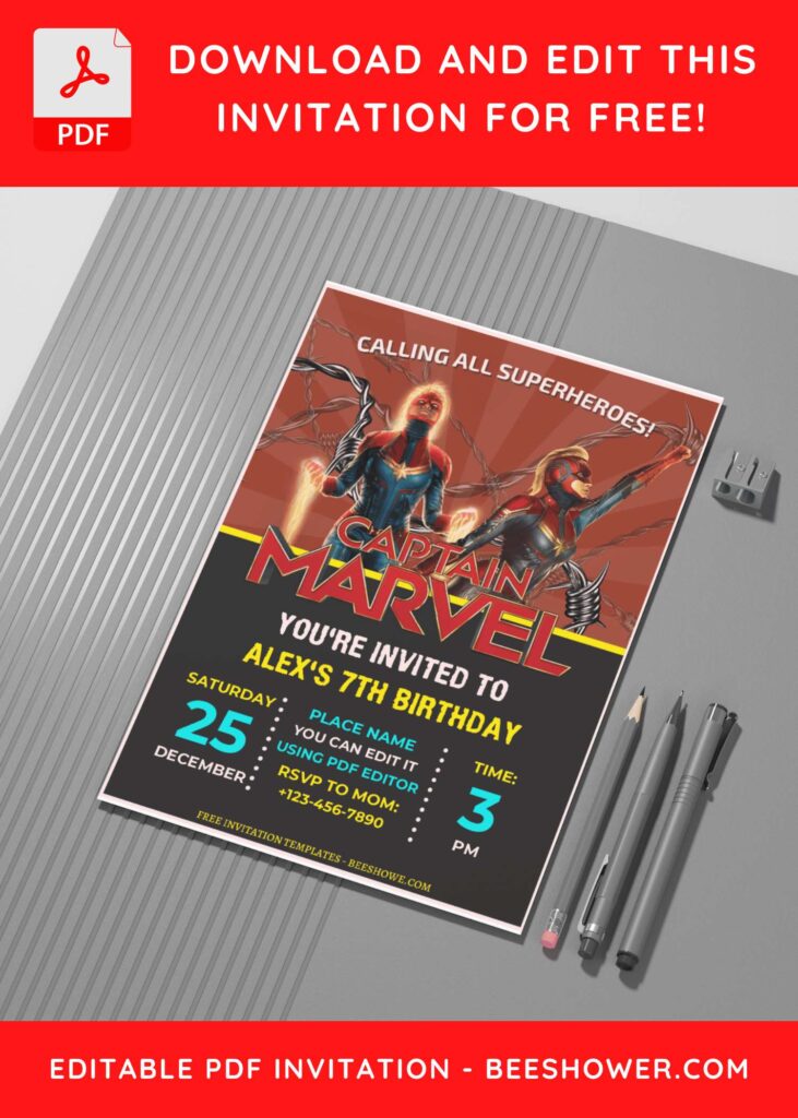 (Free Editable PDF) Brave Captain Marvel Baby Shower Invitation Templates G