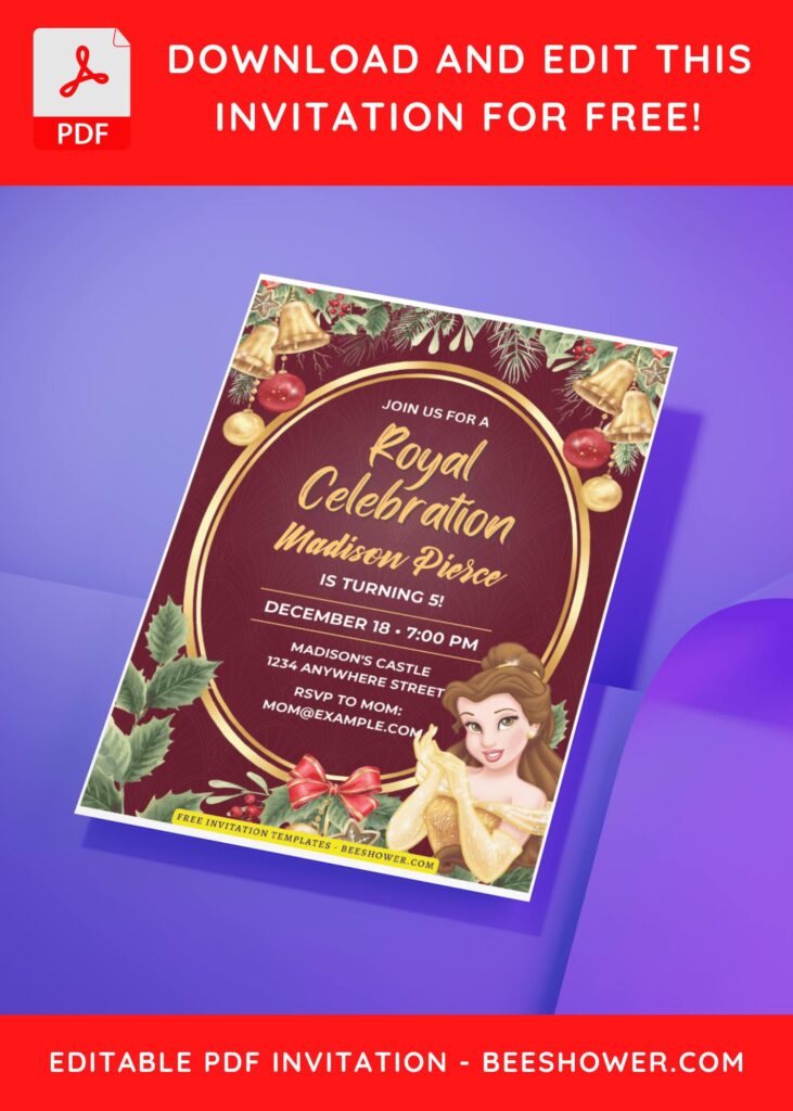 (Free Editable PDF) Belle Royal Celebration Baby Shower Invitation Templates H
