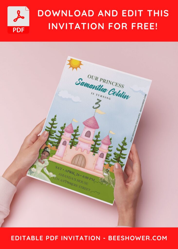 (Free Editable PDF) Charming Princess Tiana Baby Shower Invitation Templates H