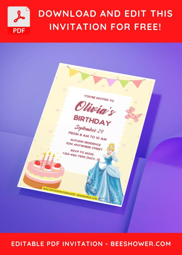 (Free Editable PDF) Simply Cute Cinderella Baby Shower Invitation Templates H