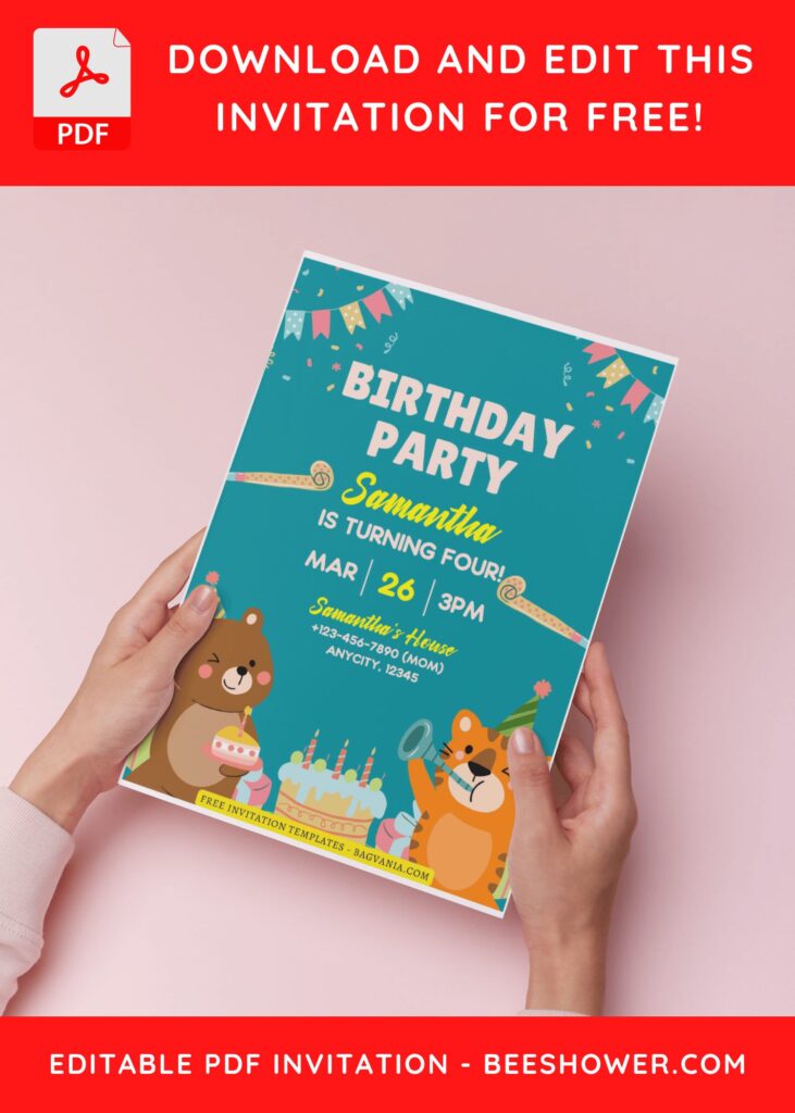 (Free Editable PDF) Joyful Party Animals Baby Shower Invitation Templates H