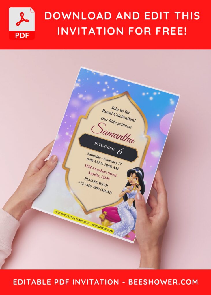 (Free Editable PDF) Shimmering Princess Jasmine Baby Shower Invitation Templates D