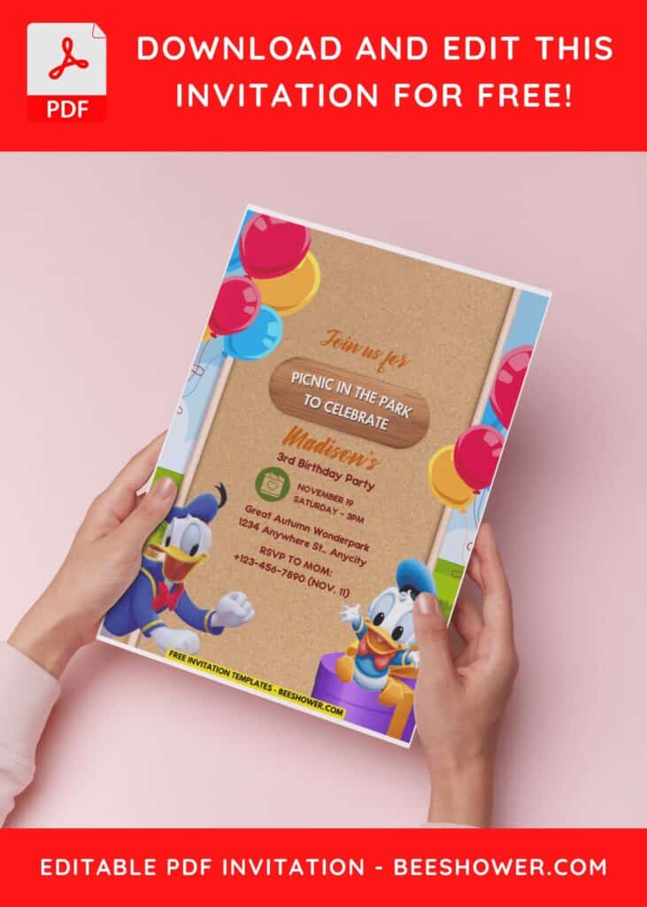 (Free Editable PDF) Cute Quackfest Donald Duck Baby Shower Invitation Template H