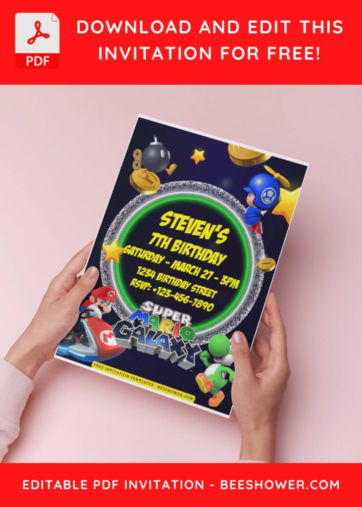(Free Editable PDF) Super Mario Galaxy World Baby Shower Invitation Templates H