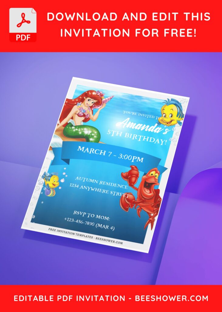 (Free Editable PDF) Little Mermaid Celebration Baby Shower Invitation Templates D
