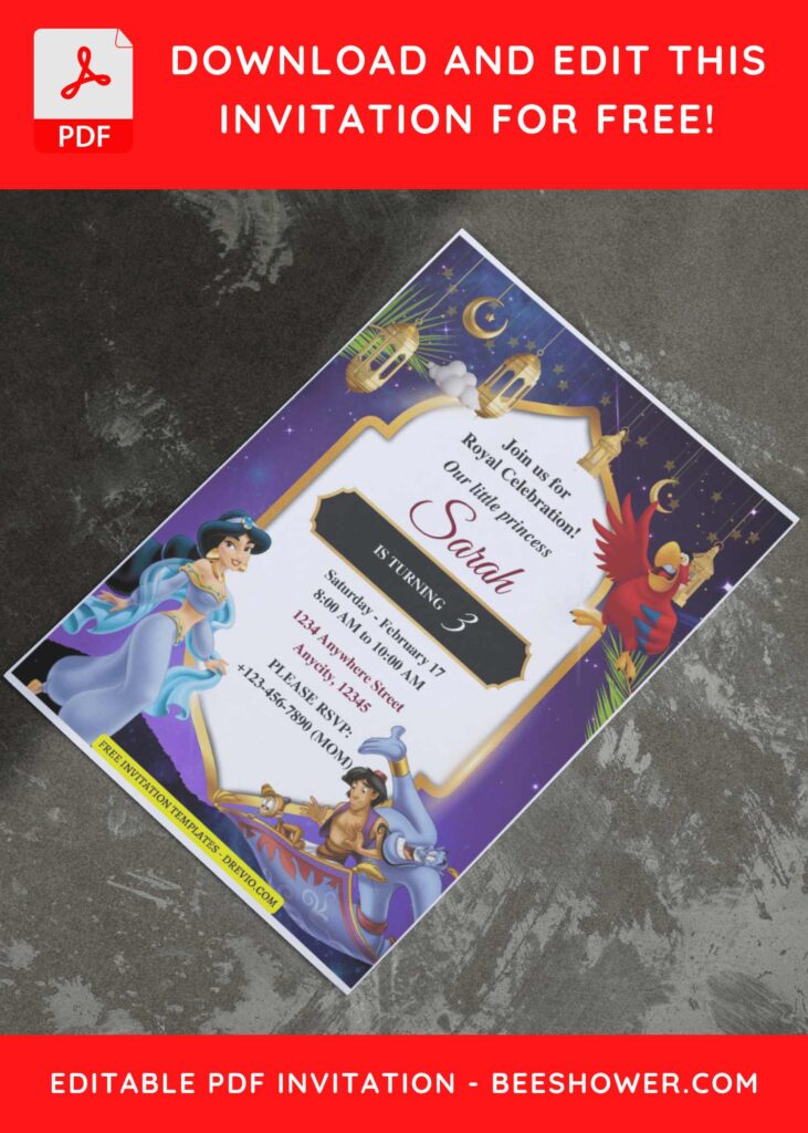 (Free Editable PDF) Arabian Night Aladdin Baby Shower Invitation Templates I