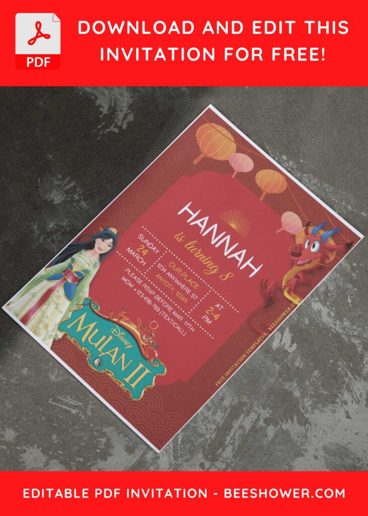 (Free Editable PDF) Festive Disney Mulan Baby Shower Invitation Templates E