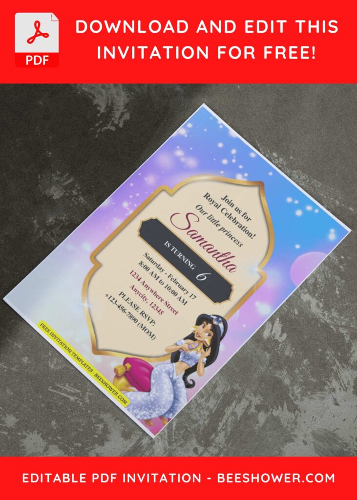 (Free Editable PDF) Shimmering Princess Jasmine Baby Shower Invitation Templates E