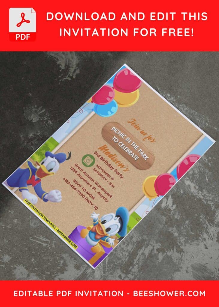 (Free Editable PDF) Cute Quackfest Donald Duck Baby Shower Invitation Template I