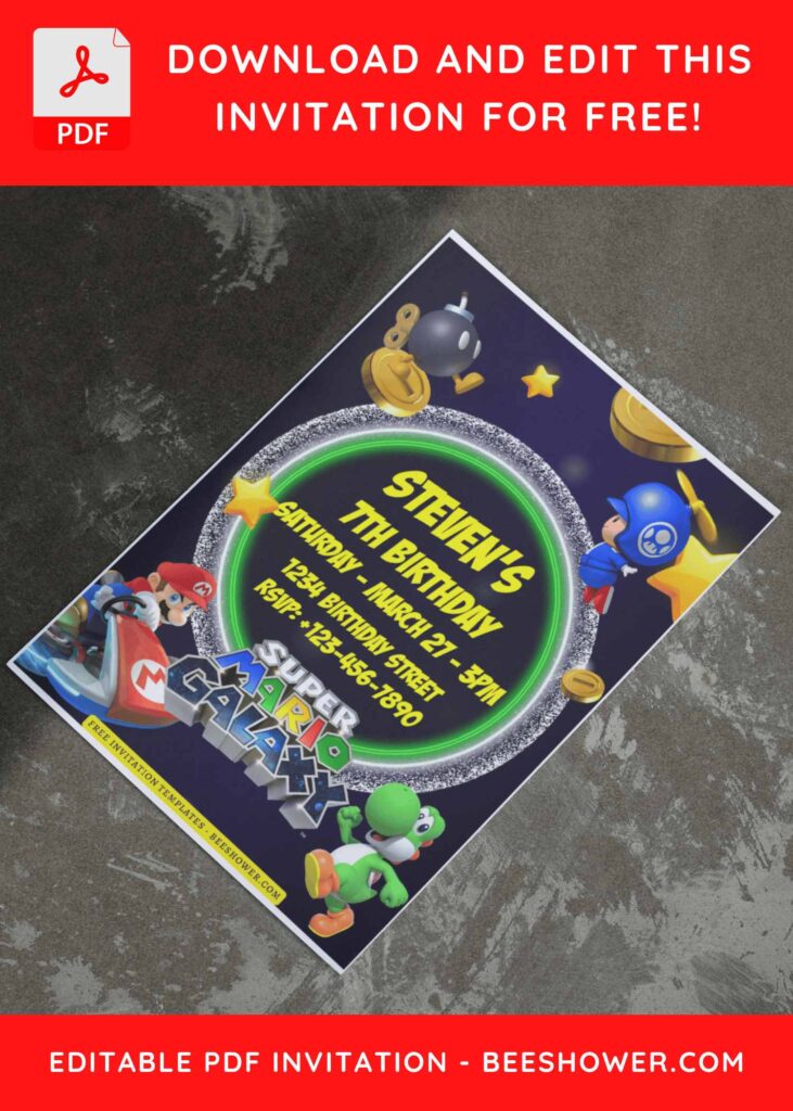 (Free Editable PDF) Super Mario Galaxy World Baby Shower Invitation Templates I