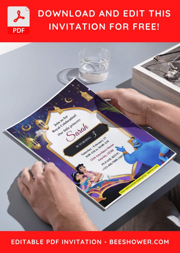 (Free Editable PDF) Arabian Night Aladdin Baby Shower Invitation Templates J