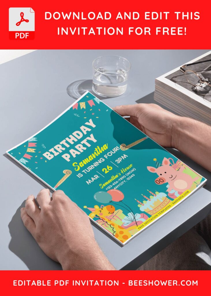 (Free Editable PDF) Joyful Party Animals Baby Shower Invitation Templates J