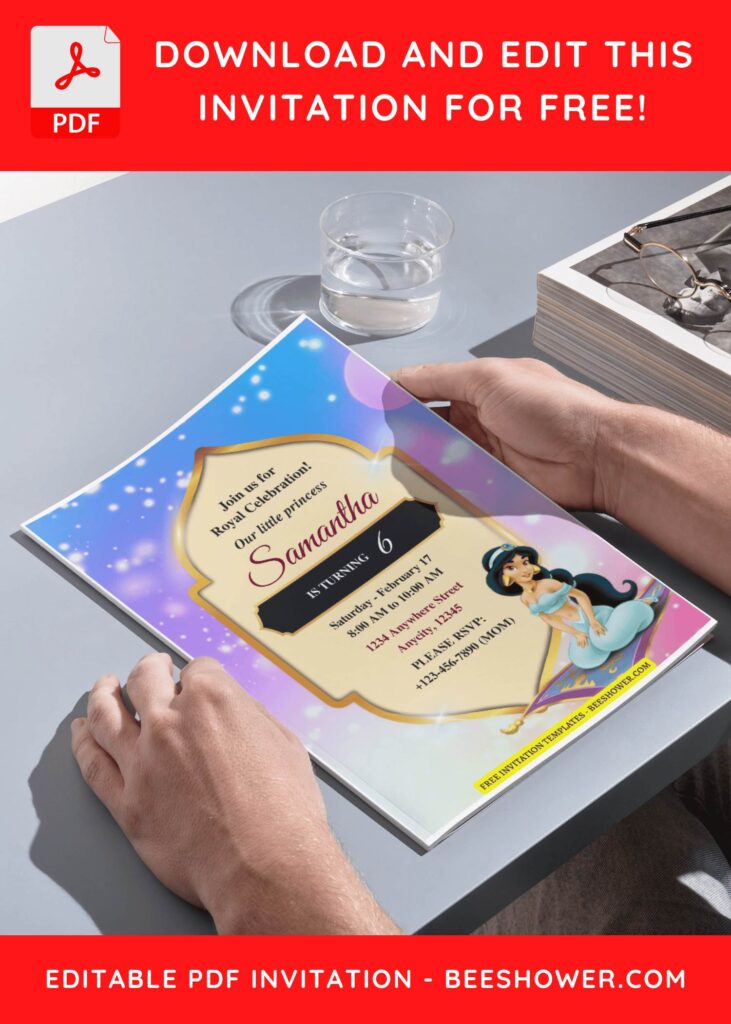 (Free Editable PDF) Shimmering Princess Jasmine Baby Shower Invitation Templates F