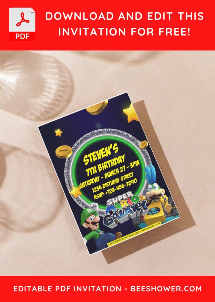 (Free Editable PDF) Super Mario Galaxy World Baby Shower Invitation Templates J