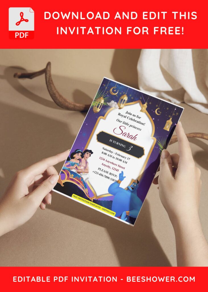 (Free Editable PDF) Arabian Night Aladdin Baby Shower Invitation Templates A