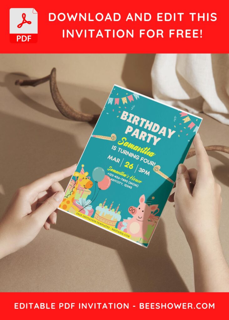 (Free Editable PDF) Joyful Party Animals Baby Shower Invitation Templates A