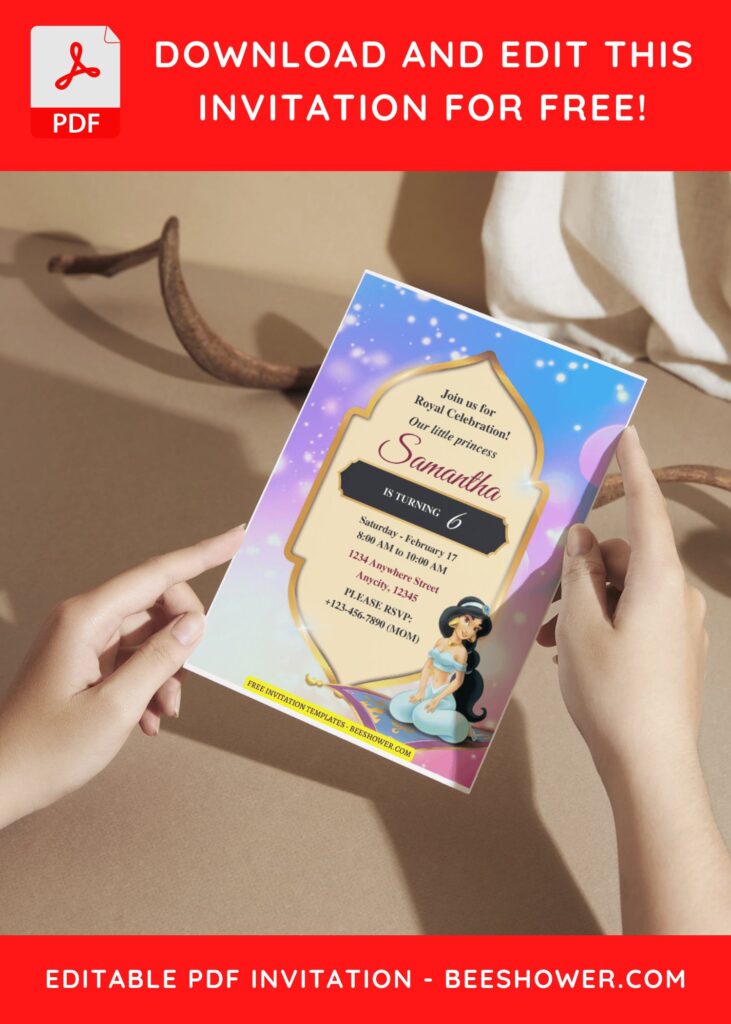 (Free Editable PDF) Shimmering Princess Jasmine Baby Shower Invitation Templates G