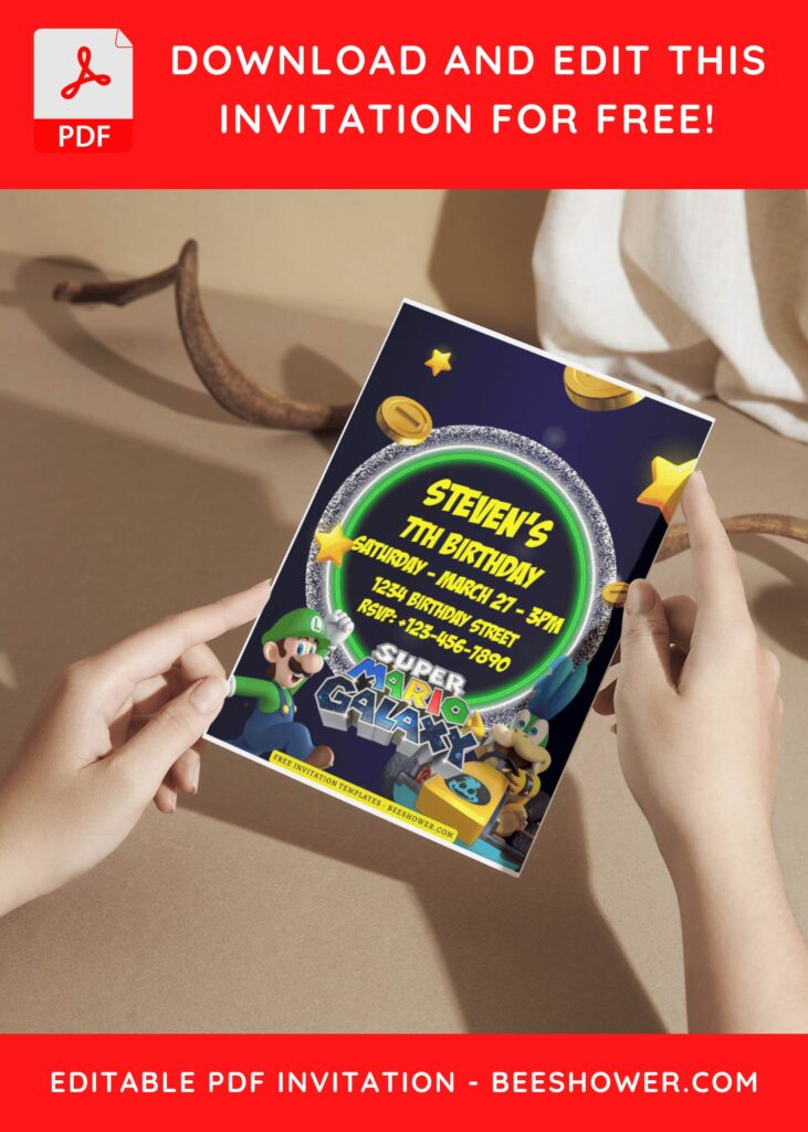 (Free Editable PDF) Super Mario Galaxy World Baby Shower Invitation Templates A