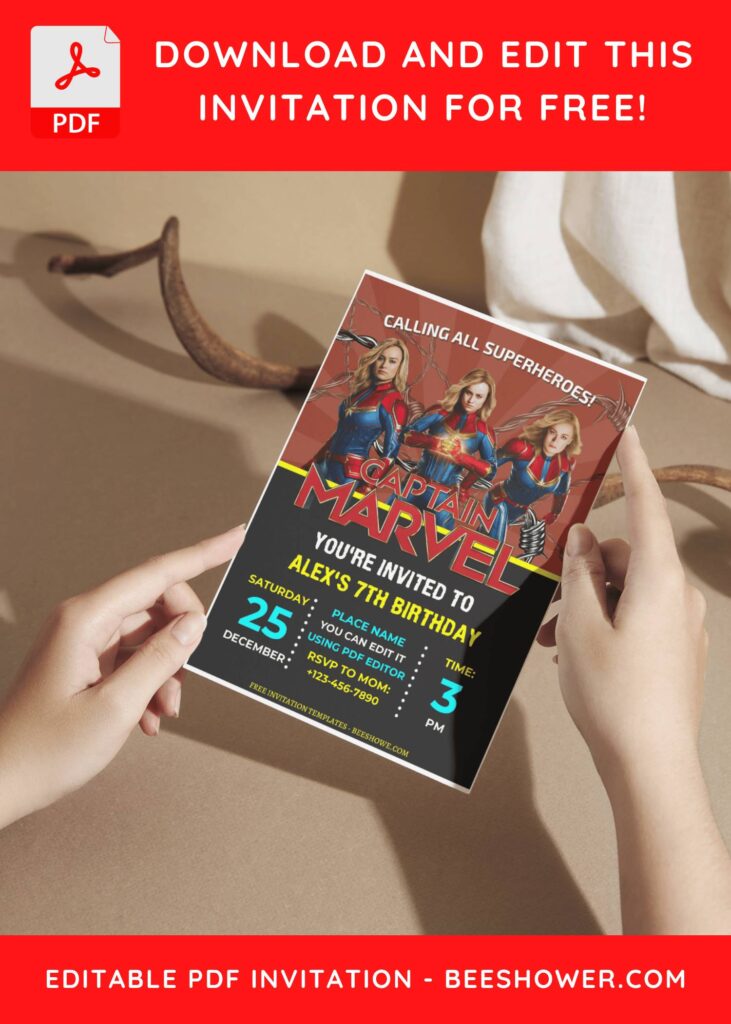 (Free Editable PDF) Brave Captain Marvel Baby Shower Invitation Templates A
