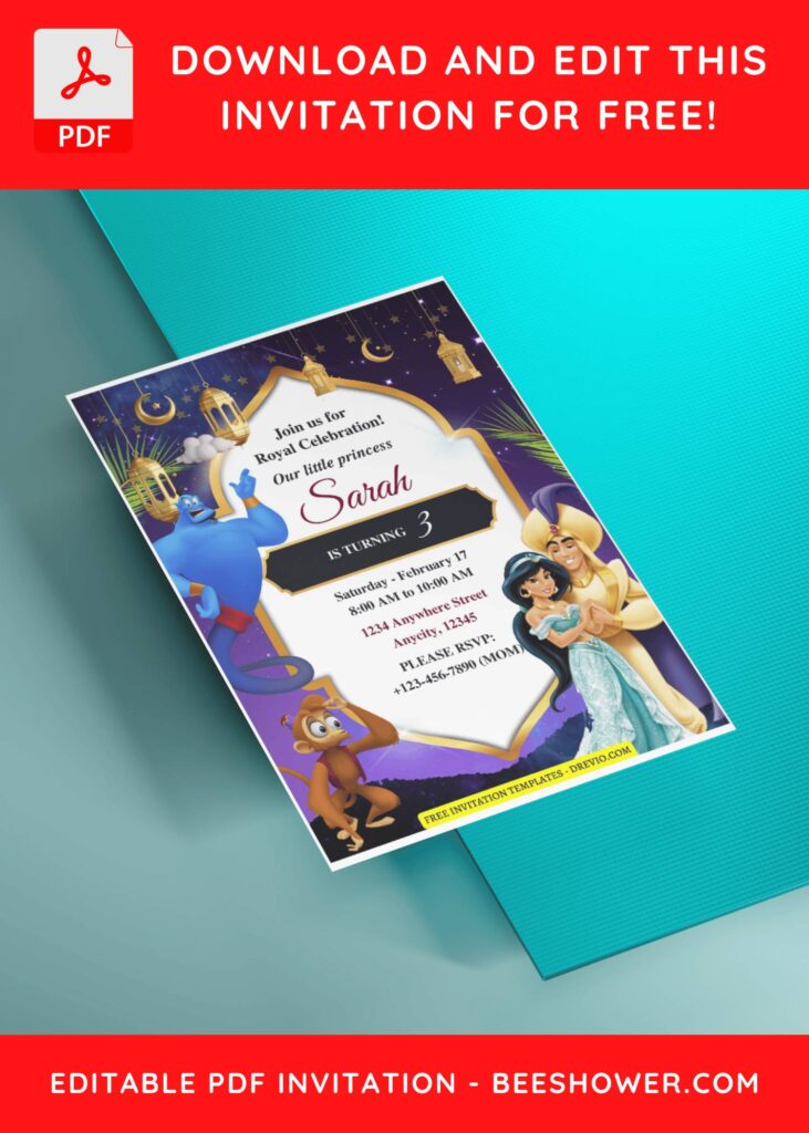 (Free Editable PDF) Arabian Night Aladdin Baby Shower Invitation Templates B