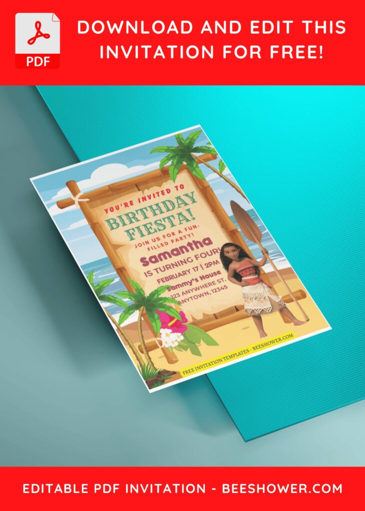 (Free Editable PDF) Moana Beach Birthday Party Invitation Templates B