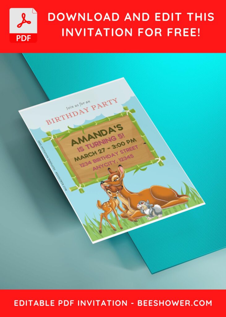 (Free Editable PDF) Disney Bambi Baby Shower Invitation Templates B