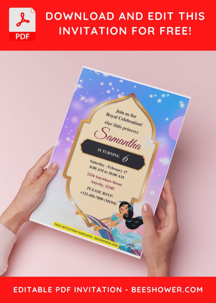 (Free Editable PDF) Shimmering Princess Jasmine Baby Shower Invitation Templates H
