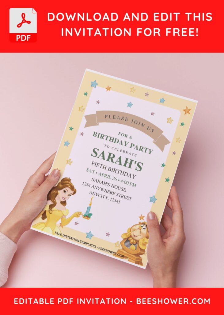 (Free Editable PDF) Enchanted Belle Beauty & The Beast Baby Shower Invitation Templates H