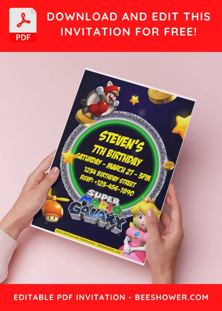 (Free Editable PDF) Super Mario Galaxy World Baby Shower Invitation Templates B