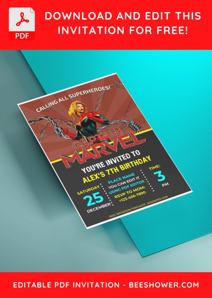 (Free Editable PDF) Brave Captain Marvel Baby Shower Invitation Templates B